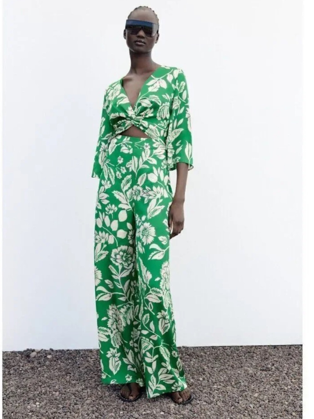 Zara Green Floral Wide-Leg Jumpsuit